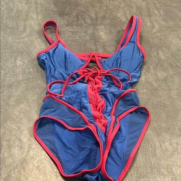 B FYNE Lush Blue One Piece with Pink Trim